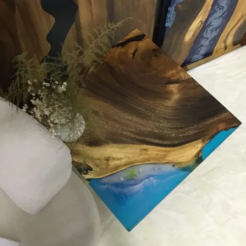 Vista 135 de Mesa de epoxi transparente, mesa de sofá con forma cuadrada, mesa auxiliar de resina de madera, mesa de centro de madera con borde natural para sala