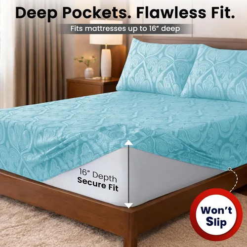 Vista 6 de LDC LUX Décor Colección - Juego de sábanas para cama de tamaño individual con estampado de cachemira – 4 piezas de sábanas de microfibra ultra