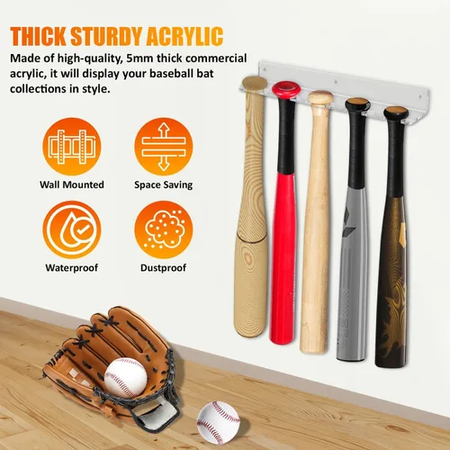 Vista 5 de Percha de exhibición de bate de béisbol para 5 bates o pelotas – Soporte vertical para bate y béisbol – Mejor que el vitrina Acrílico resistente