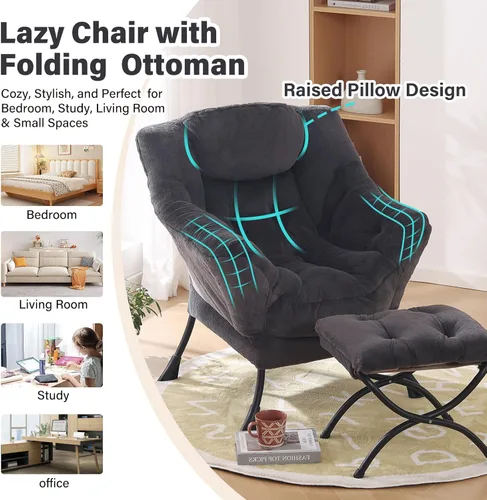 Vista 179 de Silla Lazy con otomana, silla moderna con reposapiés plegable, silla de acento de salón, cómoda silla de lectura para dormitorio, estudio, sala