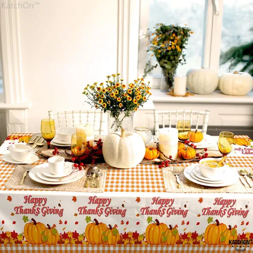 Vista 7 de KatchOn, Mantel grande de plástico de Acción de Gracias, 108 x 54 pulgadas, paquete de 3 Mantel desechable de otoño, rectangular, otoño, calabaza
