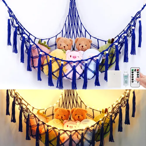 Vista 10 de Hamaca de animales de peluche con 75 LED, hamaca de macramé de almacenamiento de juguetes extragrande de 55 pulgadas, red de juguetes colgante