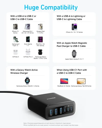 Vista 6 de Anker Desktop Charger, Fast Charging USB C Charger with 112W Max 6-Port Negro
