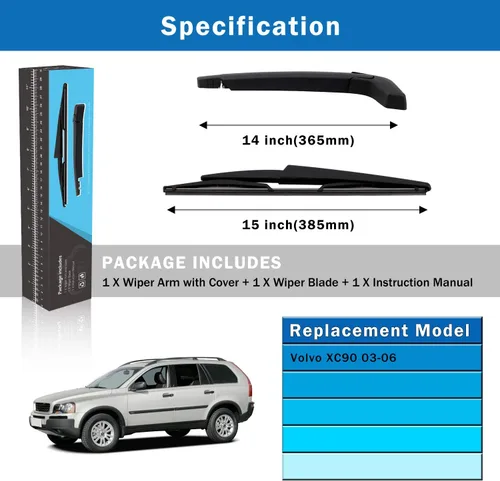 Vista 5 de WTI Juego de escobillas de brazo de limpiaparabrisas trasero compatible con Volvo XC90 2003-2006 SUV Kit de limpiaparabrisas trasero, accesorios
