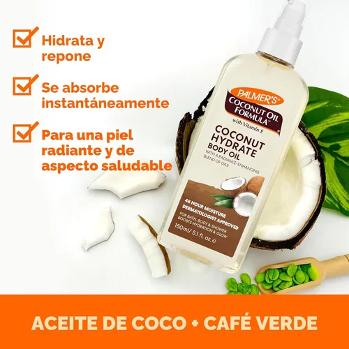 Vista 3 de Aceite Corporal Palmer's Fórmula de Aceite de Coco, Hidratante Corporal con Extracto de Café Verde, Aceite de Baño para Piel Seca, 5.1 Onzas