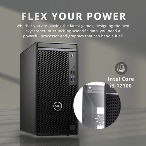 Vista 3 de Dell OptiPlex 3000 Tower Desktop, Intel i3-12100, RAM DDR4 de 16 GB, SSD de 512 GB, Intel UHD Graphics 730, Wi-Fi, HDMI, RJ-45, DVD-RW, teclado