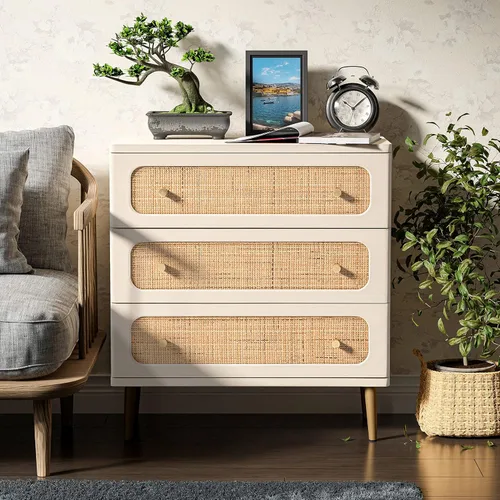 Vista 6 de LONYKE Cómoda de mimbre de ratán, cómoda de 3 cajones, gabinete de almacenamiento de madera con acabado blanco crema, mesa decorativa moderna