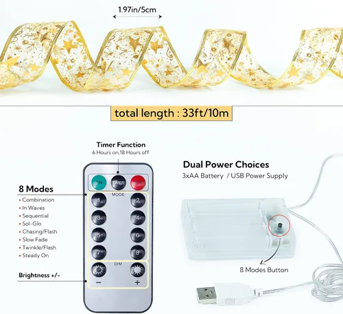 Vista 4 de Hopolon Guirnalda de luces de cobre con cinta de Navidad blanca cálida de 33 pies, 100 luces LED, 8 modos con batería y USB y funciona a distancia