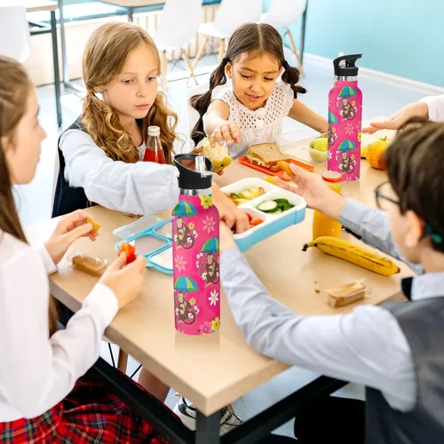 Vista 6 de Botella de agua para niños con popote para la escuela, a prueba de fugas, botella de agua aislada de 20 onzas, sin BPA, paraguas marrón, verde, azul