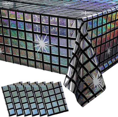 Vista 15 de Paquete de 4 manteles de plástico iridiscente brillantes desechables láser rectangulares, cubiertas de mesa, mantel de papel holográfico