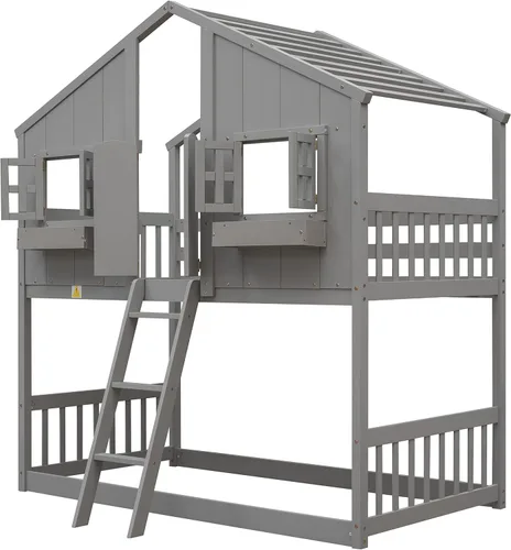 Vista 59 de Cama de casa de tamaño individual con elegantes ventanas y estantería, litera con diseño de castillo de madera con barandillas de seguridad