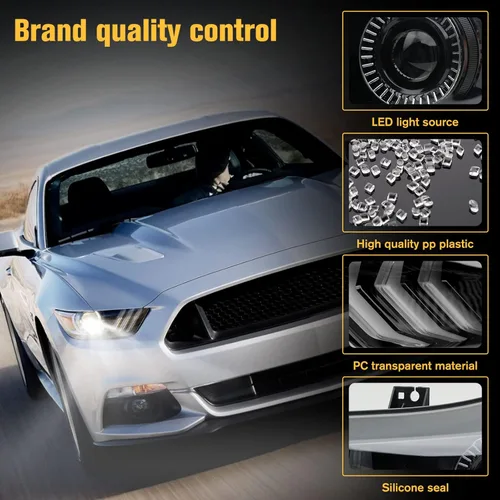 Vista 4 de Conjunto de faros delanteros LED Mustang, faros delanteros estilo OEM con reflector ámbar, conjunto de faros compatibles con Ford Mustang 2015 2016