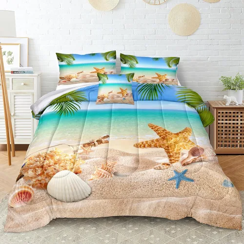 Vista 12 de MOVE OVER Juego de edredón azul océano, juego de ropa de cama costera tamaño King, juego de edredón de 3 piezas con temática de playa, gaviota