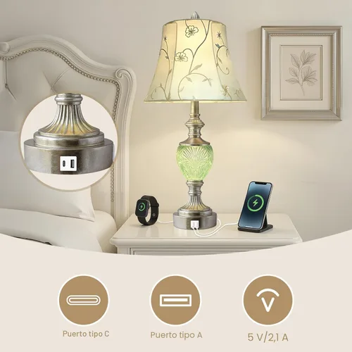 Vista 4 de Juego de 2 lámparas de mesa de noche con luz nocturna y puertos USB A+C, lámparas de mesa vintage de 27" de alto con acabado de hoja de plata