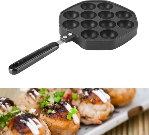 Vista 4 de Takoyaki - Sartén para parrilla, 12 agujeros de aluminio antiadherente Takoyaki Maker 12 pulpos rellenos para panqueques horneados, herramientas