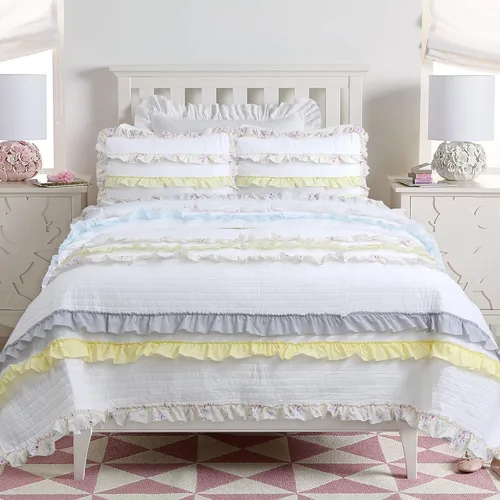 Vista 2 de Cozy Line Home Fashions - Juego de ropa de cama reversible de 100% algodón con volantes, rayas, flores, color amarillo claro y azul para niñas