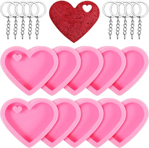 Patelai 10 Set Valentine Heart Shape Love Keychain Silicone Mold with Hole with 10 Pcs Key Rings for DIY Keychain Craft Heart Shaped Chocolate Candy