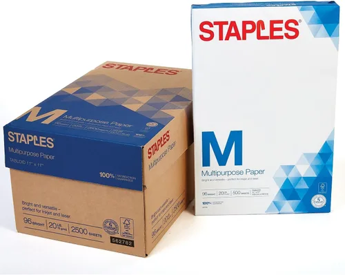 Staples Papel de inyección de tinta, papel multiusos de 11 x 17 pulgadas, 1 caja de 5 resmas para 2,500 hojas en total, 20 libras, papel brillante