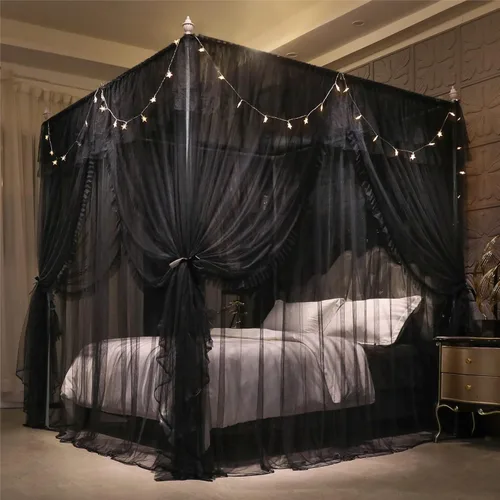Vista 3 de VETHIN Cortina de Dosel de Cama de Princesa con Volantes de 4 Postes - Red Mosquitera de Cortina de Doble Capa Acogedora con 4 Aberturas para Niñas