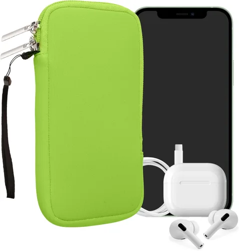 Vista 88 de kwmobile Bolsa de neopreno para teléfono tamaño XL - 6.7/6.8 pulgadas - Funda universal para celular con cremallera, correa para la muñeca, amarillo
