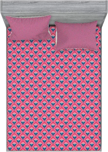 Ambesonne Floral Fitted Sheet & Pillow Sham Set, Repetitive Retro 70's Look Blush Flowers Geometric Illustration, Decorative Printed 3 Piece Bedding