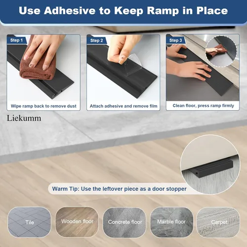 Vista 7 de LIEKUMM Rampa de umbral de PVC de elevación de 3/8 pulgadas para puertas, capacidad de 1700 libras, rampa de transición autoadhesiva para sillas