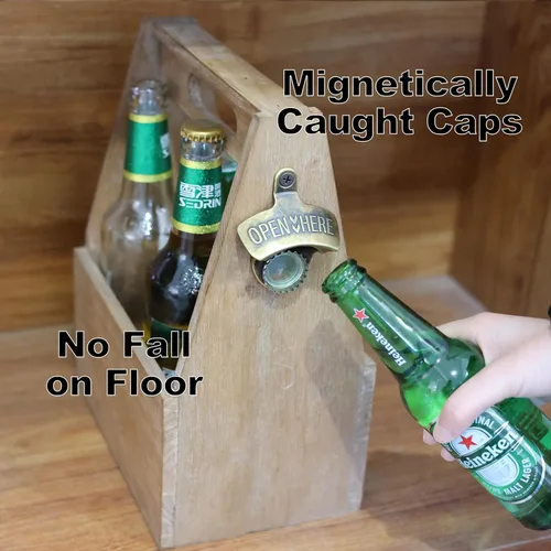 Vista 3 de Abridor de tapas de botellas montado en la pared de bronce antiguo con imanes, soporte de poste magnético retro para abridor de botellas