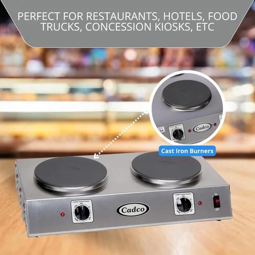 Vista 6 de Cadco CDR-2C - Placa eléctrica portátil de doble quemador de 21.25 pulgadas de ancho, controles infinitos de 120 voltios, acero inoxidable, 20
