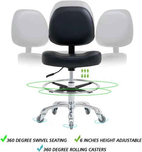 Vista 4 de Ainilaily Silla de dibujo alta para escritorio de pie, taburete de tienda con respaldo, taburete de dibujo esteticista con ruedas, silla de altura