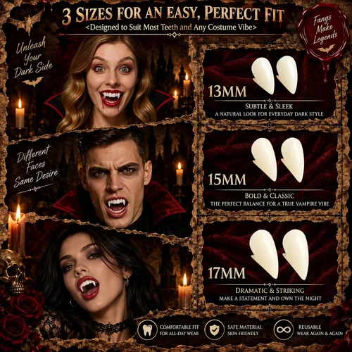 Vista 3 de Colmillos de dientes de vampiro, disfraz realista de Halloween Crema Claro