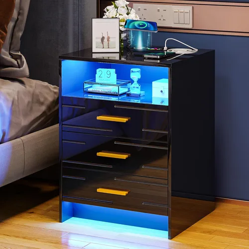 Vista 42 de HNEBC Mesita de noche LED, mesita de noche negra con estación de carga, USB + tipo C + carga inalámbrica, mesita de noche inteligente con sensor
