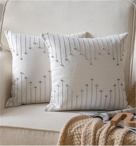 Vista 10 de Caflife Fundas de almohada boho de 18 x 18 pulgadas, juego de 2 almohadas decorativas para cama, fundas de almohada beige con línea negra para sofá