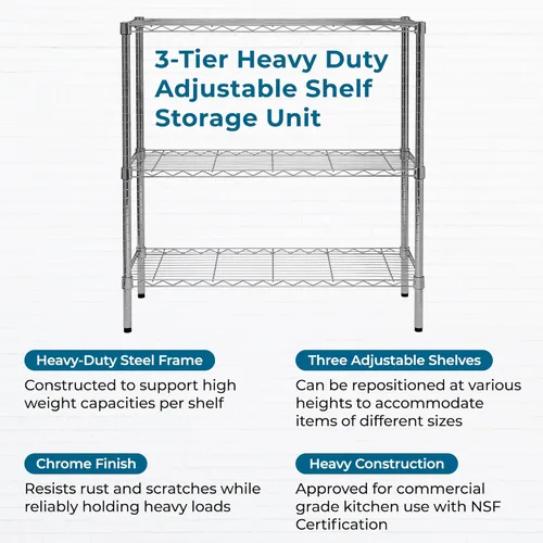Vista 4 de Honey-Can-Do Estantería ajustable resistente de 3 niveles con capacidad de 200 libras, Estantería de acero cromado SHF-09367, Estanterías