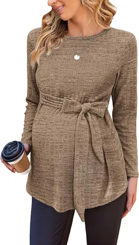 Ekouaer Camisas de maternidad de manga larga para mujer, blusas casuales de punto acanalado para embarazadas, tallas S-XXL