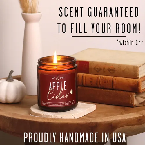 Vista 4 de Vela de sidra de manzana, velas de otoño I de sidra de manzana, canela y nuez moscada, infundida con aceites esenciales, vela perfumada de otoño