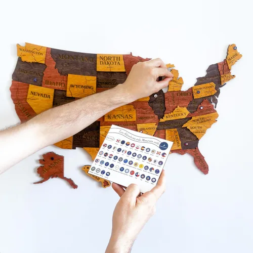 Vista 6 de Mapa de madera de EE. UU. lugares visitados - Mapa de madera de Estados Unidos con pines - Arte de pared decorativo 3D de rastreador de viajes