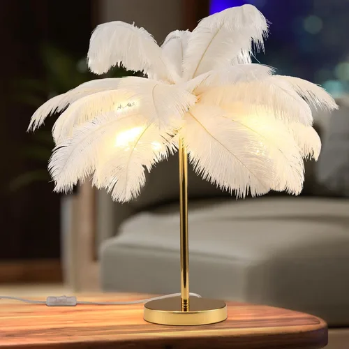 Vista 9 de MAYOLA Lámpara de mesa moderna de plumas de avestruz con cable enchufable, lámpara de pie de noche de 3 luces para sala de estar, dormitorio