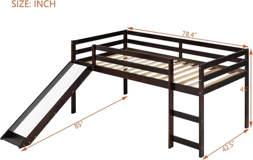 Vista 2 de Harper & Bright Designs Cama baja de tamaño individual con tobogán para niños y niñas, cama alta de madera de pino maciza con escalera y rieles