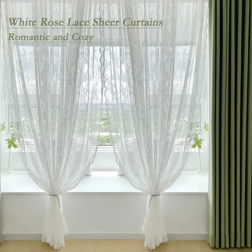 Vista 3 de Cortinas traslúcidas de encaje blanco para dormitorio, 55 x 54 pulgadas, paneles de cortina de encaje con rosas florales francesas duraderas