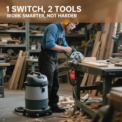 Vista 2 de Interruptor de seguridad monofásico de 110 V, interruptor de mesa Ortis Router con 2 enchufes hembra y arranque/parada sincronizados, paleta