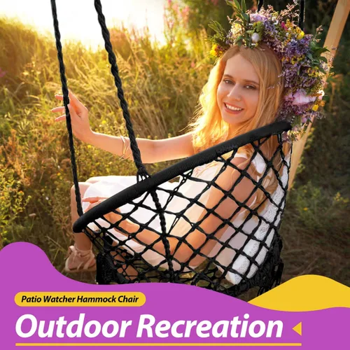 Vista 3 de Patio Watcher Silla hamaca colgante de macramé con cojines y kits de herramientas máximo 330 libras silla columpio de cuerda de malla tejida hecha a