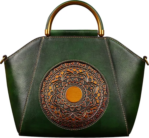 Bolsos de cuero genuino para mujer, organizador retro de cuero de curtido vegetal, bolso de hombro de tótem en relieve vintage Verde