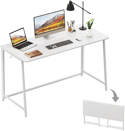 Vista 17 de WOHOMO Escritorio plegable de mármol sintético blanco, escritorio pequeño de 31.5 pulgadas para espacios pequeños con patas doradas, escritorio