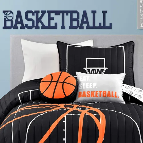 Vista 4 de Lush Decor Juego de edredón reversible de juego de baloncesto, juego de 4 piezas, individual, negro y naranja, juego de ropa de cama suave
