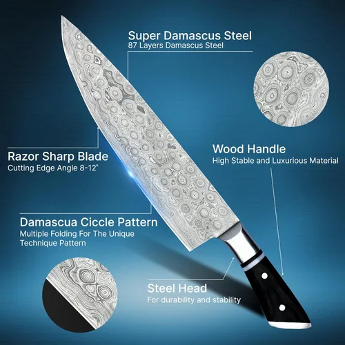 Vista 3 de 8 Inch Viking Damascus Chef Knife with 67 Layers Sharp Blade Stainless Steel Kitchen Carving Cutting Breaking Knive Pakkawood Handle Gift Box