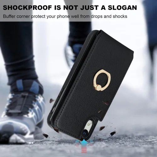 Vista 7 de Folosu Funda compatible con iPhone XR con soporte para tarjetas, rotación de 360°, soporte de anillo de dedo con función atril, bloqueo RFID, piel