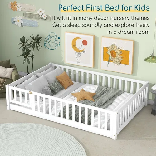 Vista 19 de Tatub Cama de suelo individual con rieles, puerta y listones, marco de cama Montessori de madera para niños y niñas, rosa