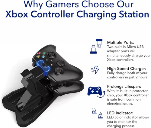 Vista 6 de Charging Dock Stations Dual Xbox Charging Station with USB Cable and LED Indicator Xbox one Controller Charger Compatible with One S, One X Fast