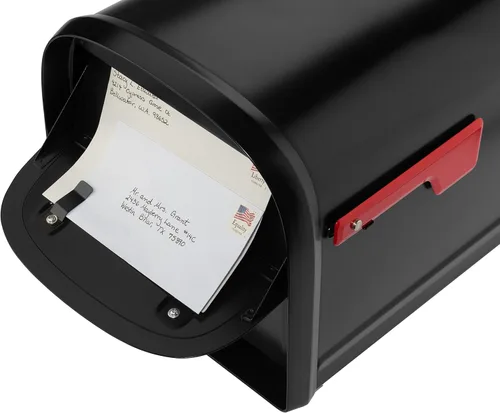 Vista 4 de Architectural Mailboxes 6300B-10 Oasis 360 Buzón de paquete con bloqueo, extra grande, negro y correo Boss 7121, poste de montaje negro en el suelo