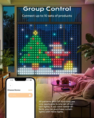 Vista 6 de 400 luces LED RGBIC inteligentes para cortina con GIF de bricolaje, 6.6 x 6.6 pies, luces de pared navideñas que cambian de color con aplicación